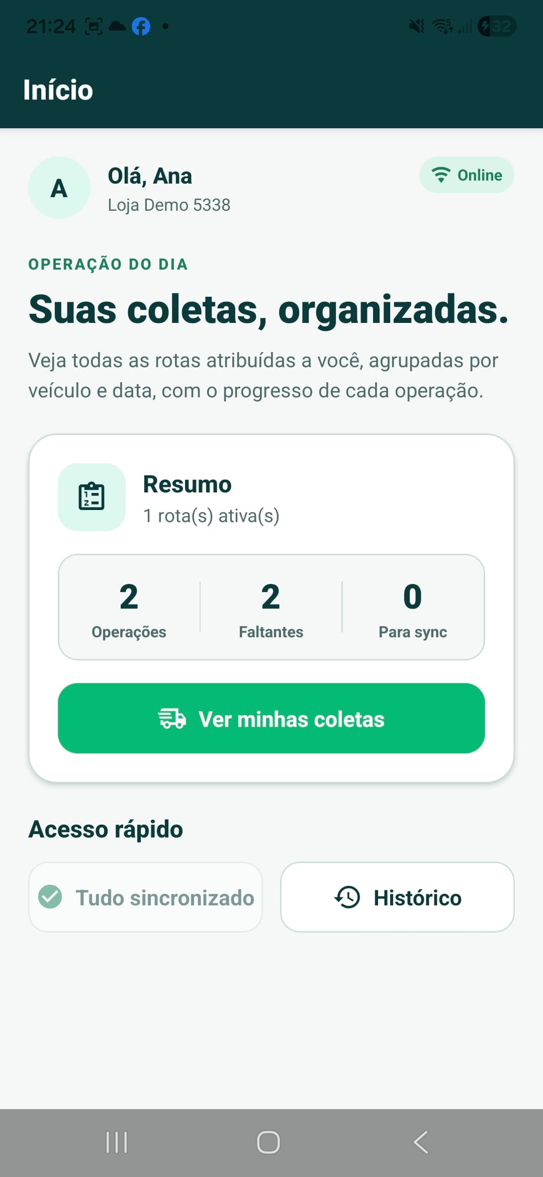 Tela real do Locable Motorista com o resumo das operações do dia e acesso às coletas e ao histórico